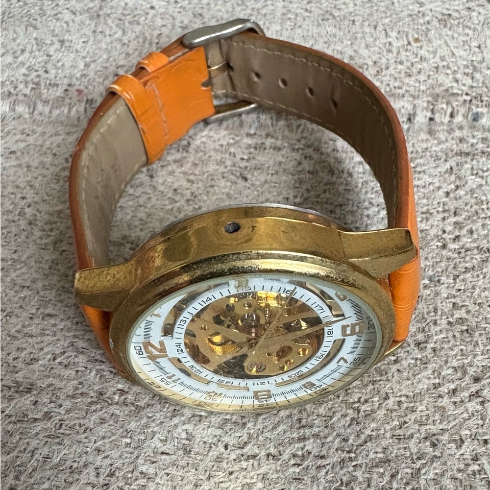 Men's Automatic Skeleton Dial Leather Watch Please see photos for call outs.